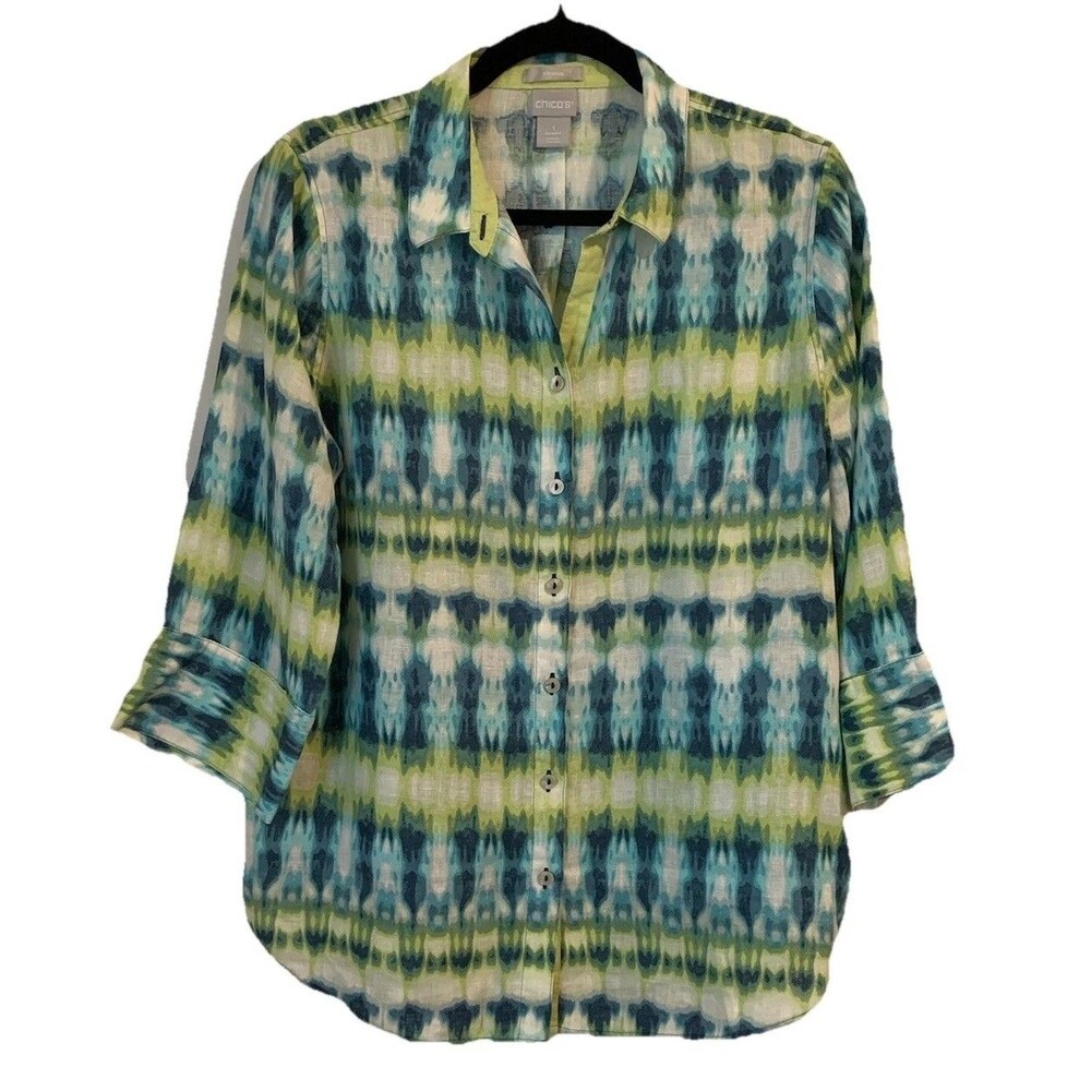 Chicos Size 1 Womens Medium Top No Iron Linen Button Up Boxy Beachy Coastal